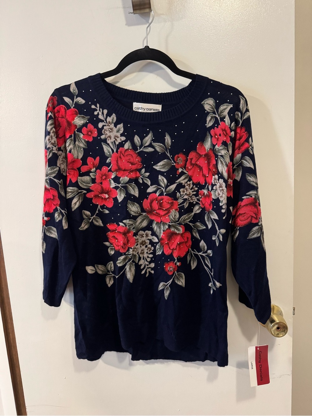 NWT Cathy Daniels Floral Rhinestone Sweater Large Navy Red Roses 3/4 Sleeve